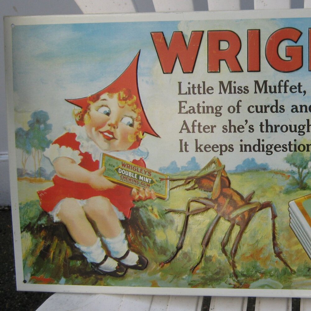 WRIGLEY`S CHEWING GUM ADVERTISING SIGN EMBOSSED 17 x 9 in TIN METAL TACKER CUTE!
